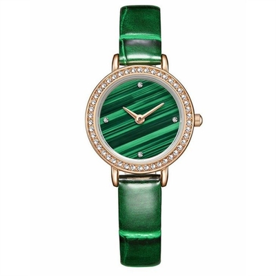 Frauen Lünette echter Diamant Quarzuhr Grün Damen Malachit