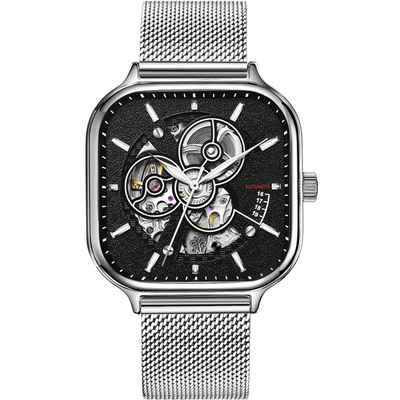 Das Skelett-Uhr-Edelstahl-Bügel Sapphire Mirror der automatischen Männer quadratischer