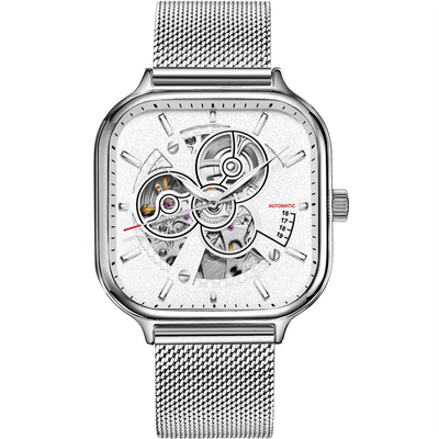 Das Skelett-Uhr-Edelstahl-Bügel Sapphire Mirror der automatischen Männer quadratischer