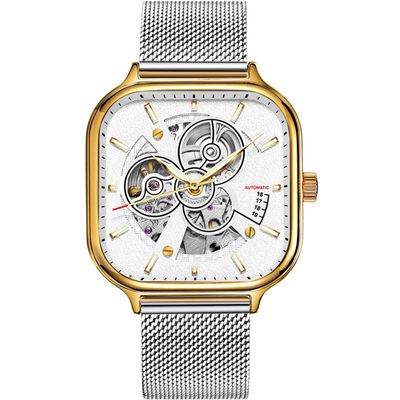 Das Skelett-Uhr-Edelstahl-Bügel Sapphire Mirror der automatischen Männer quadratischer