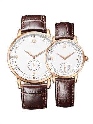 Brown-Leder-Band-Quarz-Paar-Uhr echter Diamond Quartz Watch