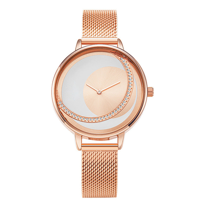 14mm Bügel-Quarz-Batterie-Armbanduhren lederner Diamond Encrusted Mesh Strap Watch