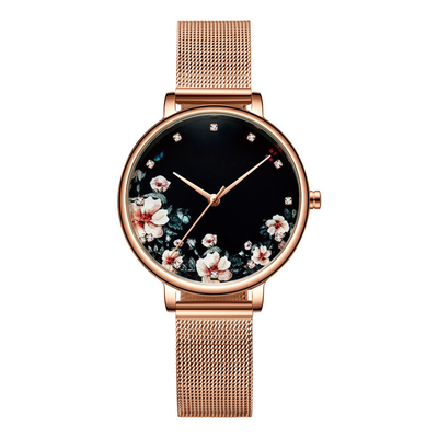 30M Waterproof Precious Flower Edelstahl Mesh Watch For Women